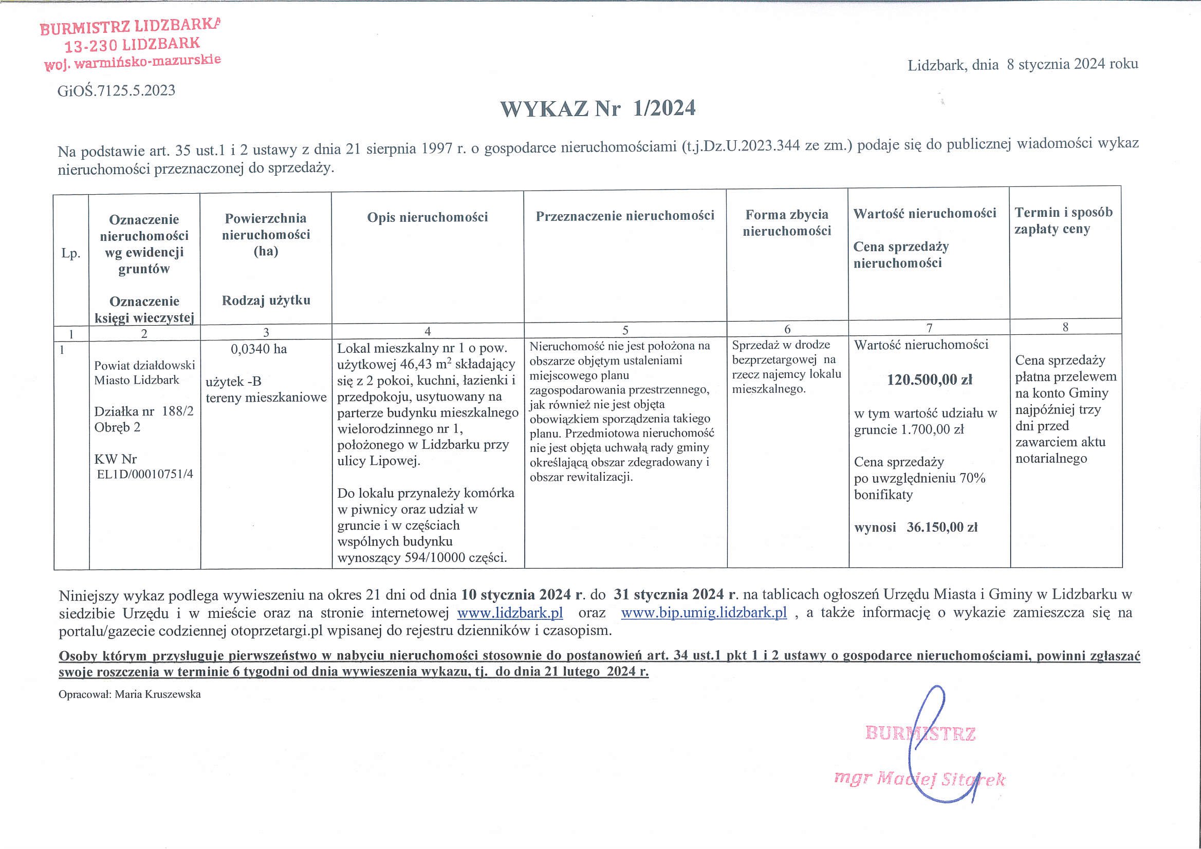 Wykaz Nr 1/2024 - Nieruchomość lokalowa do sprzedaży - dz. nr 188/2 obr. 2